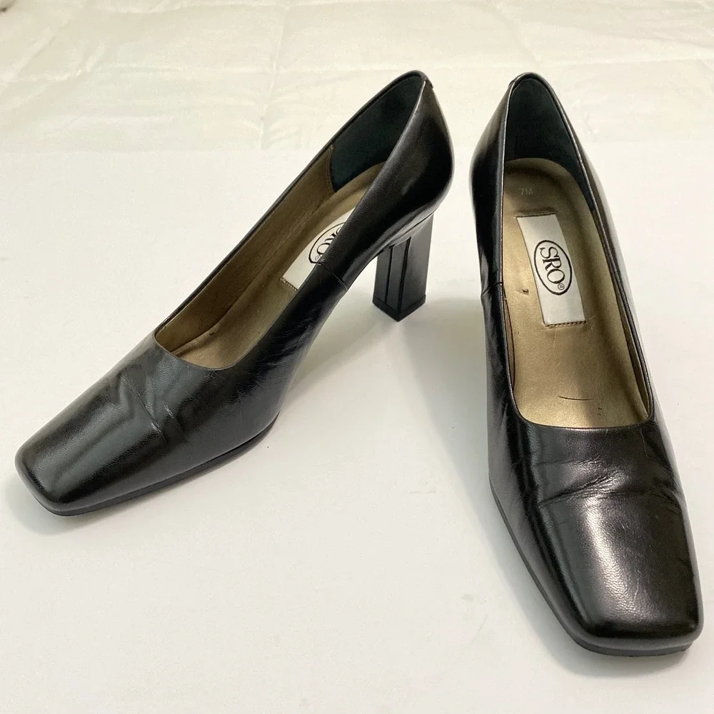 SRO Block Heel Pumps Womens 7 Black 90s Vintage Square Toe Corporate  Shoes